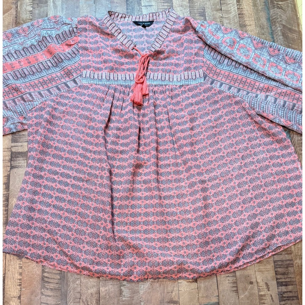 Lucky Brand Womens Large Coral Pink Geometric Diamond Tassel Peasant Blouse Top